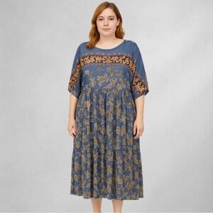 Vintage Carole Little Dress 20 Boho Floral Mid Dress Rayon Blue 11/4